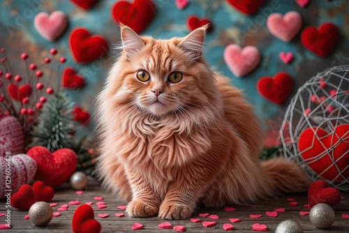 Fototapeta Charming Fluffy Coral Cat on a Whimsical Background for Valentine's Decor