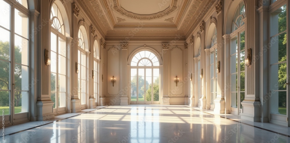 Fototapeta premium Sunlit Grandeur An Elegant Interior with Expansive Windows and Ornate Architectural Details