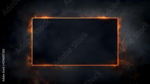 A glowing rectangular frame framed by smoky orange ethereal effects