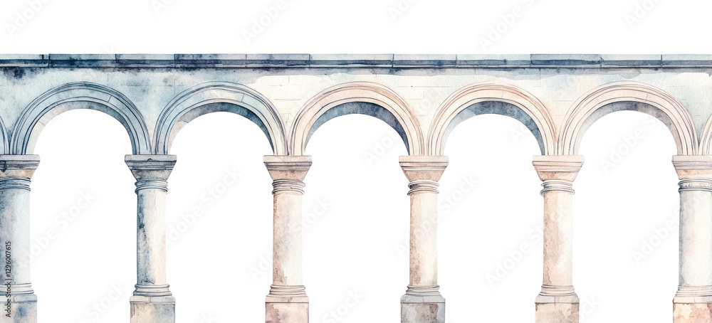 Fototapeta premium PNG Roman aqueduct arches architecture illustration watercolor.