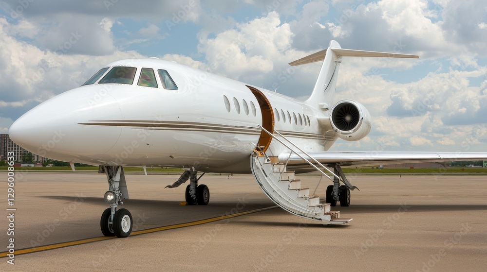 Fototapeta premium Elegant Private Jet on Tarmac with Dramatic Cloudy Sky Background