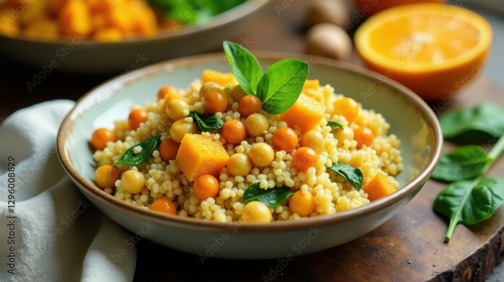 Delightful autumnal couscous salad with butternut squash and citrus notes, garnished with fresh basil, served in a rustic bowl Delightful autumnal couscous salad with butternut squash and citrus notes, garnished with fresh basil, served in a rustic bowl