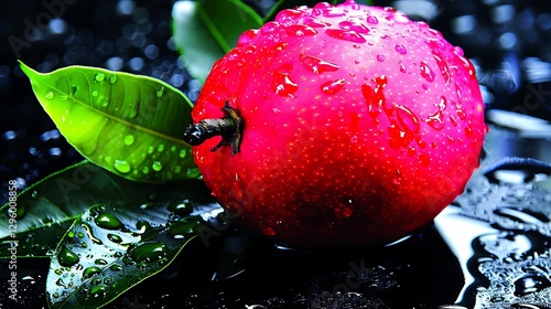 A ripe mango with its green stem and leaves intact resting elegantly on a pure white background