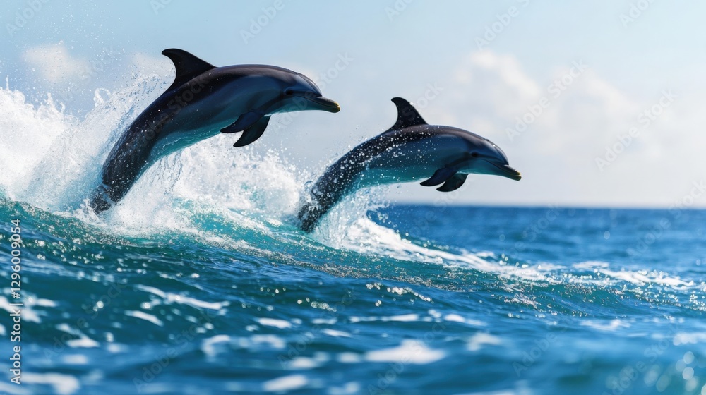 Fototapeta premium Dolphins leaping playfully in crystal clear ocean waters marine life action shot bright daylight dynamic perspective