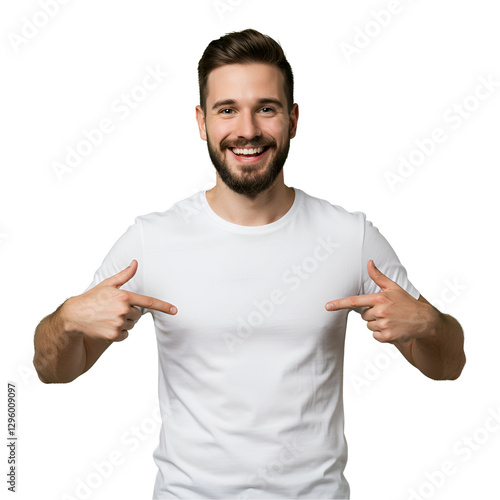 Mockup white shirt on a transparent PNG. The man is pointing to the middle of the tshirt to reinforce the message