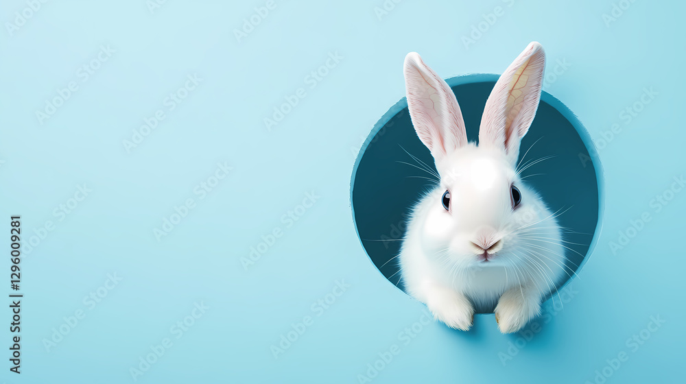 Fototapeta premium Blue-Toned Illustration of Rabbit Looking Through Hole