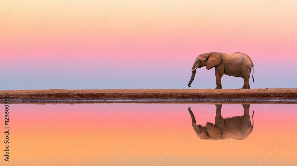 Obraz premium Majestic Elephant by Serene Water Reflection at Sunset in Africa