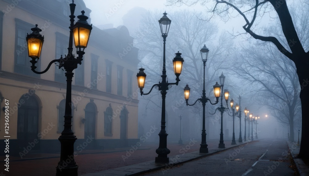 Fototapeta premium Foggy street with vintage gas lamps casting eerie shadows