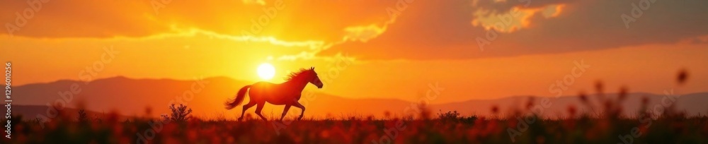 Running horse with blurred background and silhouetted against the sunset, equine, movement, landscape
