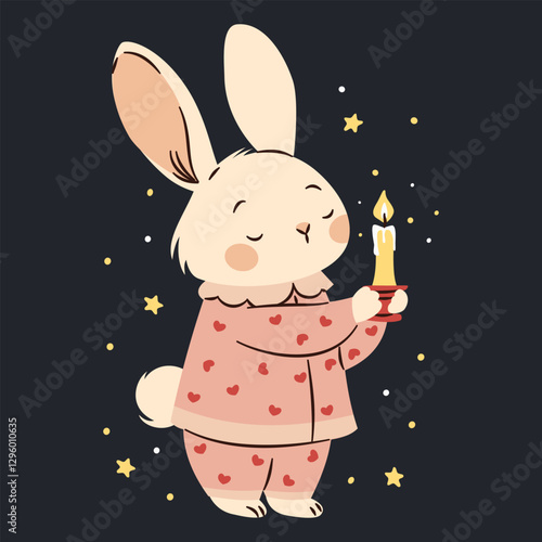 Flat vector illustration in a simple children's style. Cute sleepy bunny in pink pajamas standing and holding a candle, dark background and stars . Vector illustration