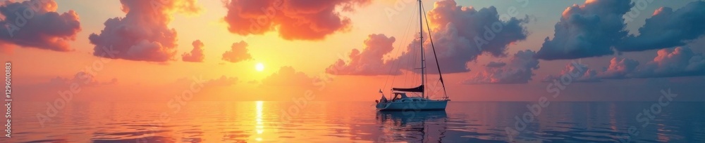 Fototapeta premium Sailboat anchored in calm ocean with sunset background, sailing, vessel, marina