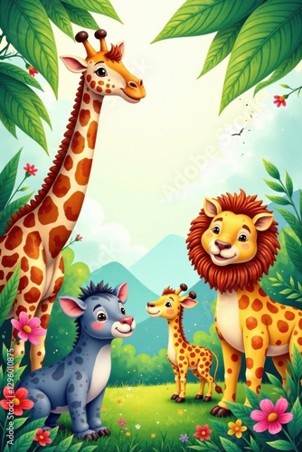 Safari animals in watercolor style, surrounded by lush greenery and colorful flowers, zoo illustration, nursery decor, safari