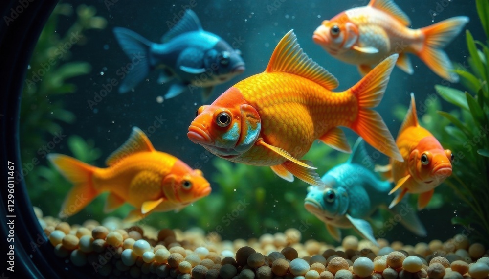 Fototapeta premium School of colorful fish swimming together in a bowl , underwater scene, marine biology, aquatic life