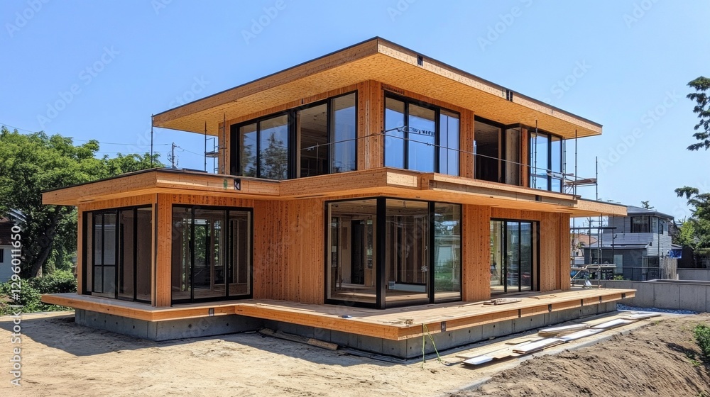 This remarkable wooden residence features a contemporary design, with large glass windows that invite natural light and offer views of the surrounding greenery This remarkable wooden residence features a contemporary design, with large glass windows that invite natural light and offer views of the surrounding greenery