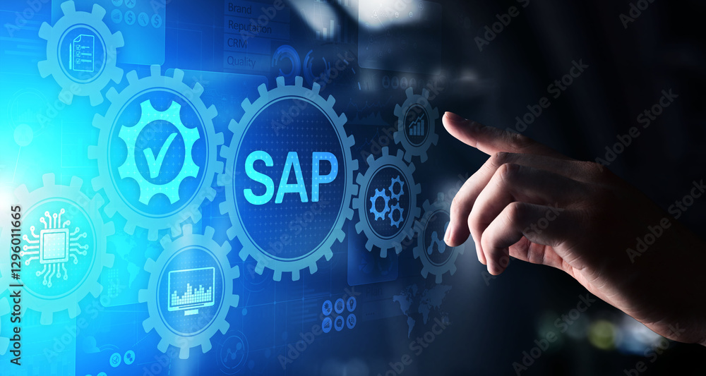 SAP - Business process automation software. ERP enterprise resources planning system concept on virtual screen. SAP - Business process automation software. ERP enterprise resources planning system concept on virtual screen.
