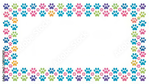 Cute animal paw print border frame repeat pattern. Ideal for pet birthday parties, adoption event invites, or playful decor. Surface pattern design, 
