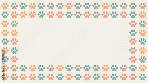 Cute animal paw print border frame repeat pattern. Ideal for pet birthday parties, adoption event invites, or playful decor. Surface pattern design