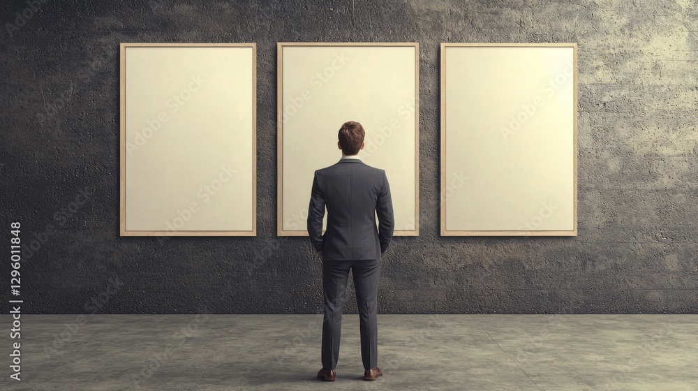 Businessman Contemplating Empty Frames in Modern Gallery Space Businessman Contemplating Empty Frames in Modern Gallery Space