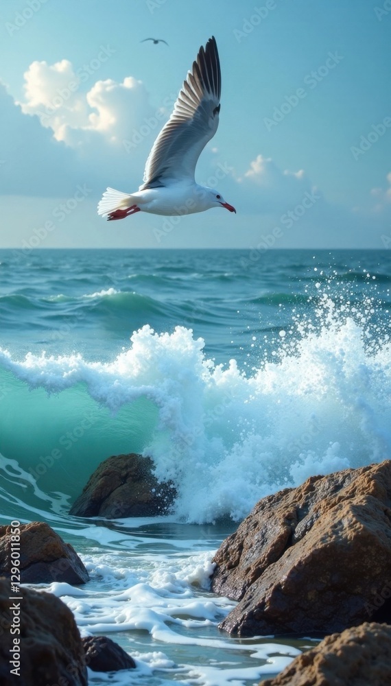 Fototapeta premium Seagull flying over ocean waves crashing on rocks , mountain, birds, waves