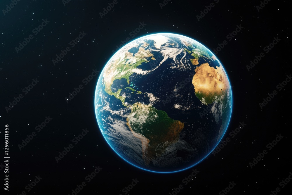 Obraz premium A vivid depiction of Earth, showcasing its blue oceans and green landmasses against a backdrop of space, emphasizing its beauty and uniqueness.