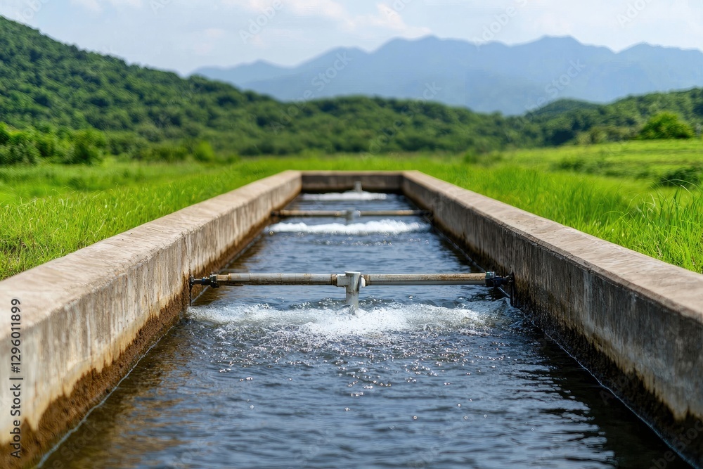 A serene water channel flows through lush greenery, surrounded by mountains under a clear sky, showcasing nature's beauty and irrigation. A serene water channel flows through lush greenery, surrounded by mountains under a clear sky, showcasing nature's beauty and irrigation.