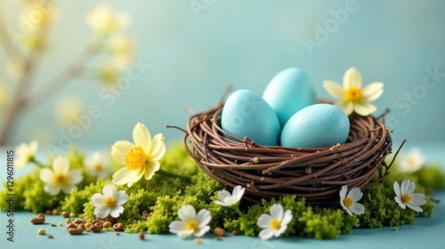 Wallpaper Mural Pastel Blue Eggs Nestled in a Springtime Bird's Nest, Surrounded by Delicate Blossoms and Soft Moss Torontodigital.ca