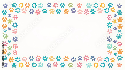 Cute animal paw print border frame repeat pattern. Ideal for pet birthday parties, adoption event invites, or playful decor. Surface pattern design