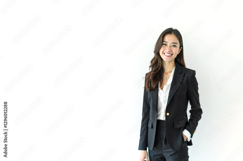 Photo of a woman smiling and looking at the camera. Pants suit. White background. Copy space. Photo of a woman smiling and looking at the camera. Pants suit. White background. Copy space.