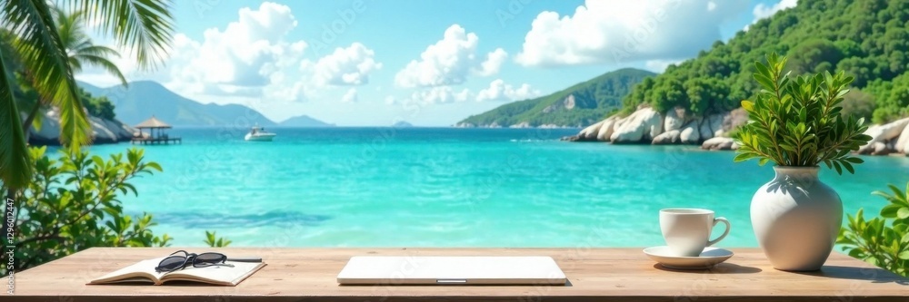 Fototapeta premium Seaside landscape with minimalist desk and greenery , succulents, beach, natural decor