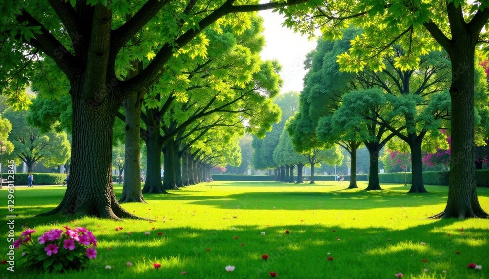 Serene park scene with mature trees and flowers, grassy areas, garden benches, shrubbery Serene park scene with mature trees and flowers, grassy areas, garden benches, shrubbery