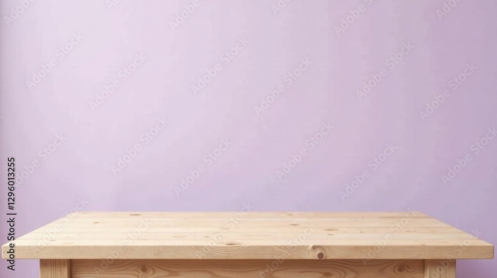 Empty Light Wooden Tabletop Against a Lavender Wall, Ideal for Product Placement and Mockups Empty Light Wooden Tabletop Against a Lavender Wall, Ideal for Product Placement and Mockups