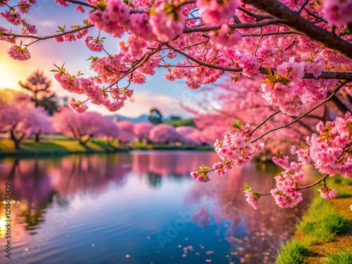 8K HD Pink Sakura Cherry Blossom Garden Lake Landscape Wallpaper - Bokeh Effect