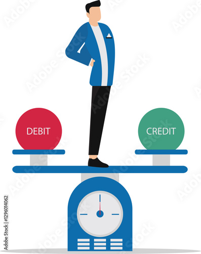 Businessman keeping balance between debit and credit on the seesaw
