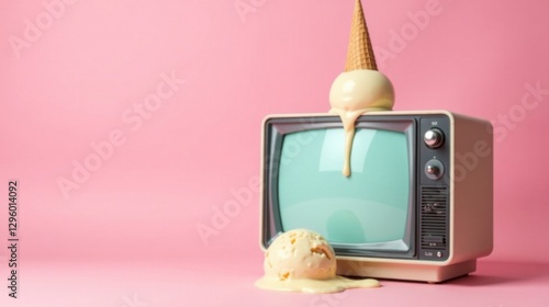 Retro Television with Melting Ice Cream Cones and Scoops on Pink Background