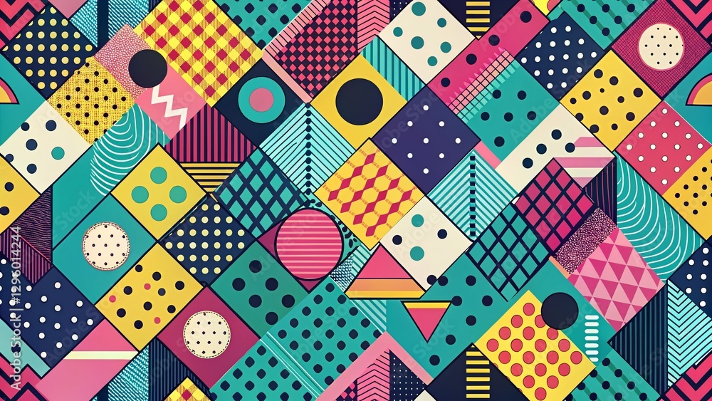 80s Memphis Style Geometric Pattern Background, Vibrant Retro Pop Art Design