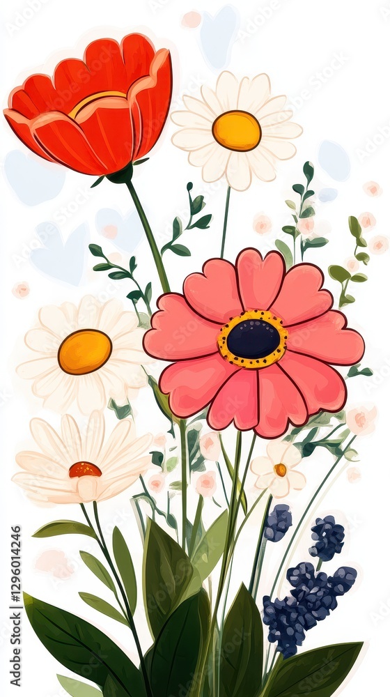 Fototapeta premium Colorful Floral Arrangement with Red Poppy, White Daisy, and Pink Flower on Light Background Ideal for Spring and Summer Themes