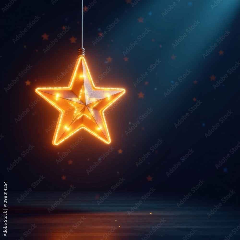 Shining gold star light hangs suspended from a dark ceiling, creating an ethereal ambiance, celestial, gold star, evening Shining gold star light hangs suspended from a dark ceiling, creating an ethereal ambiance, celestial, gold star, evening