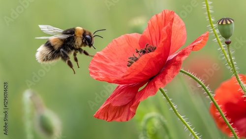 Buzzing Bloom: A close-up of a vibrant red poppy flower and a bumblebee in mid-flight, painted against a soft background.