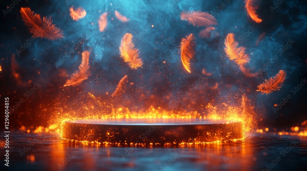 Fototapeta premium Circular podium surrounded by glowing feathers floating in the air