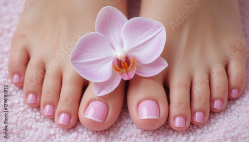 Well-groomed female feet with a perfect  pedicure on pink salt, decorated with a delicate orchid. Ideal for spa, beauty or wellness themes.