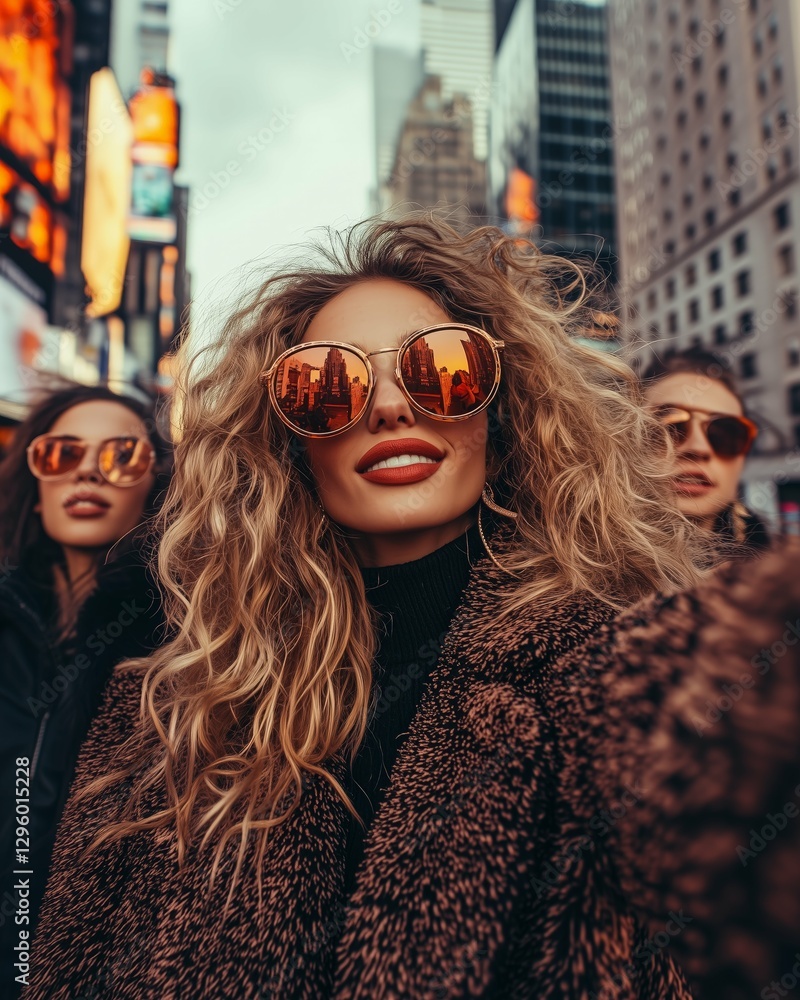Three friends sightseeing in the city, reflected in their sunglasses. Three friends sightseeing in the city, reflected in their sunglasses.