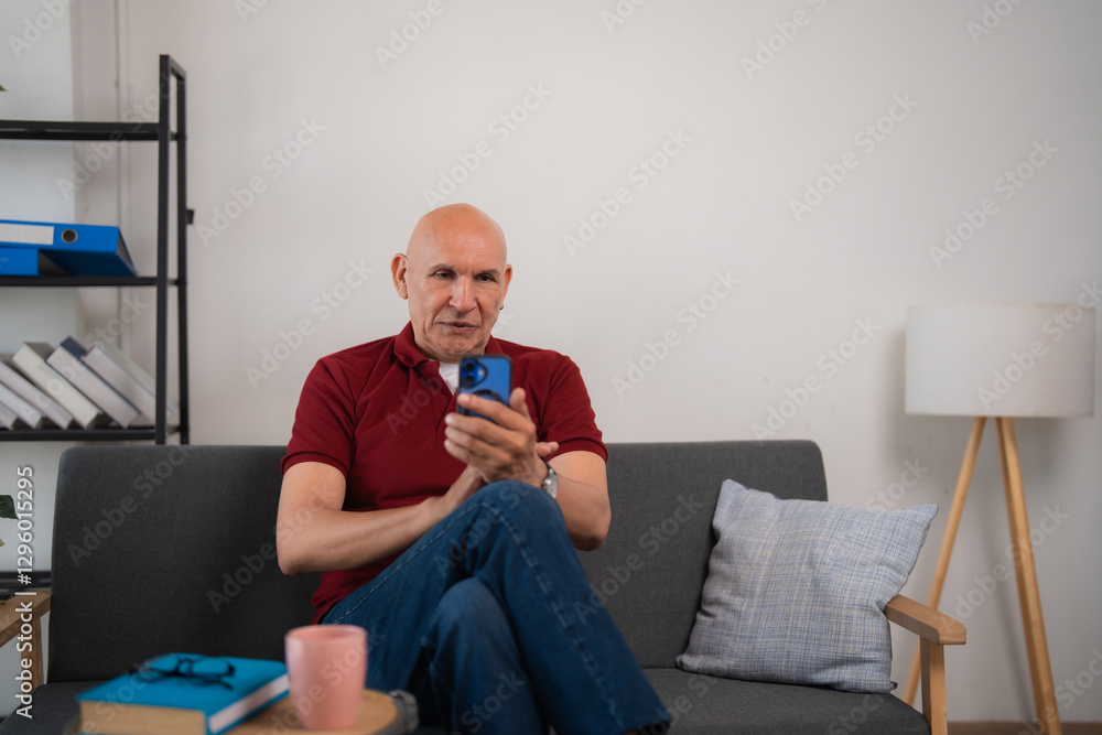 Fototapeta premium Bald senior man using mobile phone sitting on sofa at home, browsing internet or reading messages, modern communication and lifestyle concept