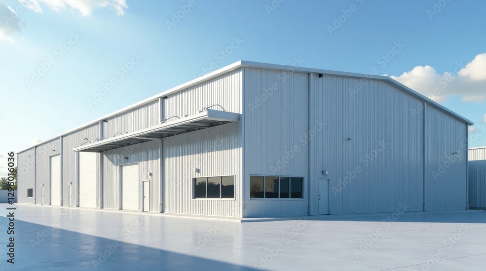 Modern industrial warehouse exterior with expansive paved area and loading docks Modern industrial warehouse exterior with expansive paved area and loading docks
