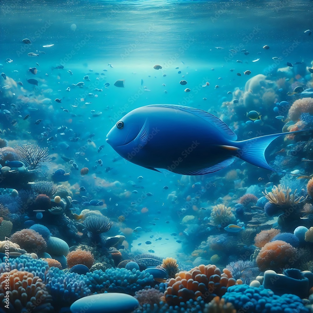 Fototapeta premium This vibrant underwater scene showcases a large blue fish swimming among colorful coral reefs and schools of smaller fish in a crystal-clear ocean.