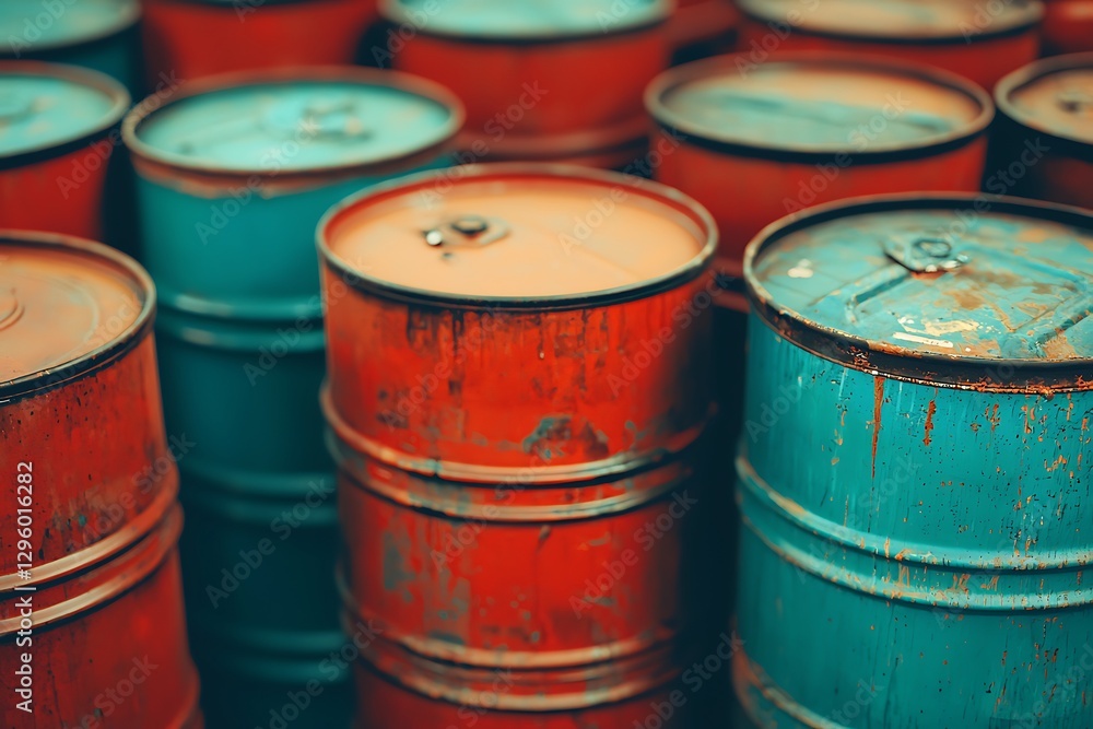 A collection of rusting barrels in vibrant colors, stacked closely together, showcasing industrial storage and weathered textures. A collection of rusting barrels in vibrant colors, stacked closely together, showcasing industrial storage and weathered textures.