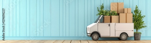 Moving Truck with Cardboard Boxes and Plants on Light Blue Wall