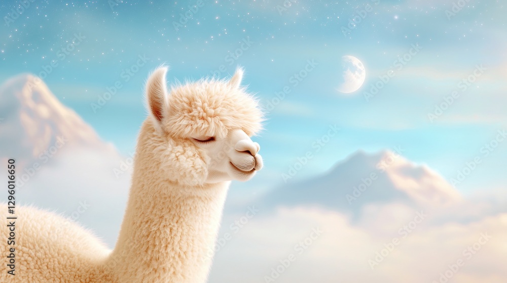 Fototapeta premium A serene, fluffy alpaca gazes peacefully against a dreamy pastel landscape, featuring mountains and a moonlit sky.