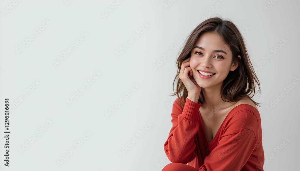 portrait of a young woman , stylish young woman in red outfit with radiant smile portrait of a young woman , stylish young woman in red outfit with radiant smile