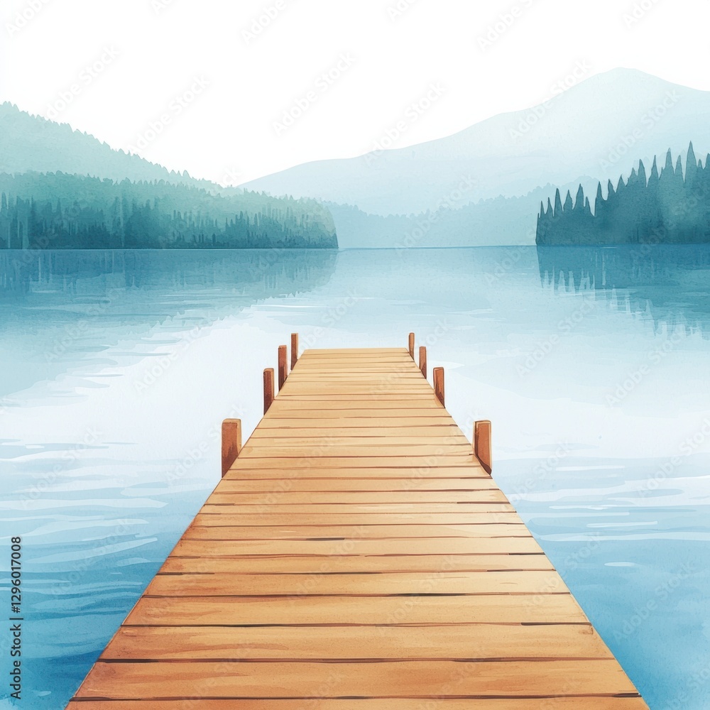 Fototapeta premium Tranquil watercolor landscape painting serene lake dock nature art calm environment aesthetic view relaxation concept