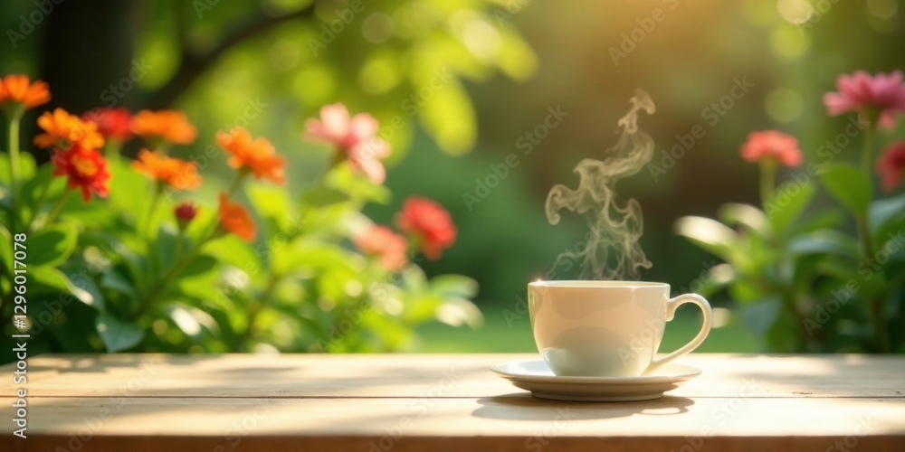 Fototapeta premium Serene morning with a steaming cup of coffee on a wooden table, surrounded by a vibrant garden in soft sunlight
